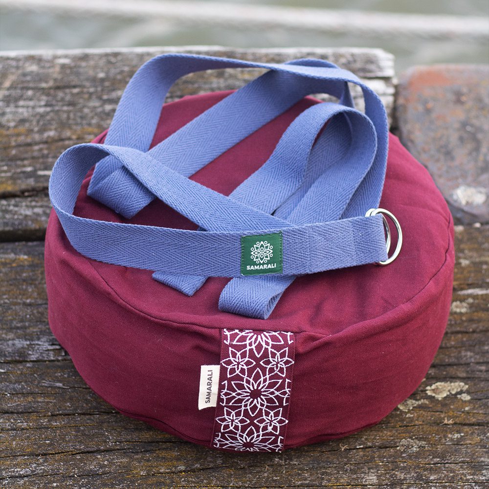 Meditaion-cushion-XL-and-yoga-strap Round meditation cushion – XL - Red Round meditation cushion – XL - Red