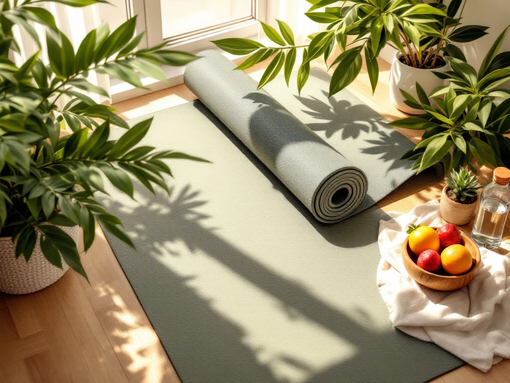 hållbar yogamatta – morgonrutin för välbefinnande.jpg En ihoprullad yogamatta på ett bambugolv, omgiven av gröna växter, en skål med färsk frukt och en vattenflaska i naturligt solljus