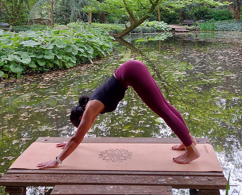 Femme effectuant la pose du chien vers le bas Comment le power yoga développe-t-il la force différemment des poids et haltères ?