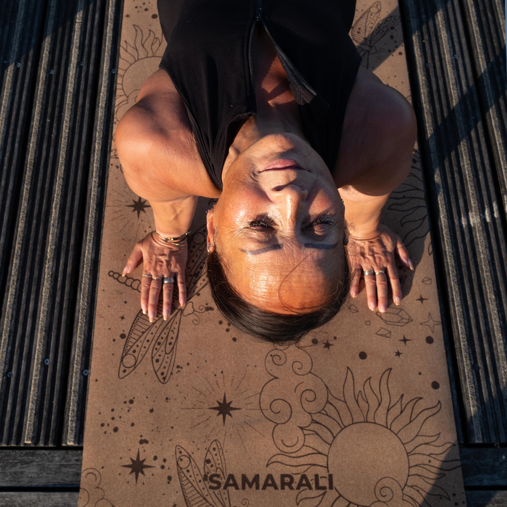 a female on the cork yoga mat 4 Cosmic Harmony Cork Yoga Mat cork yoga mat