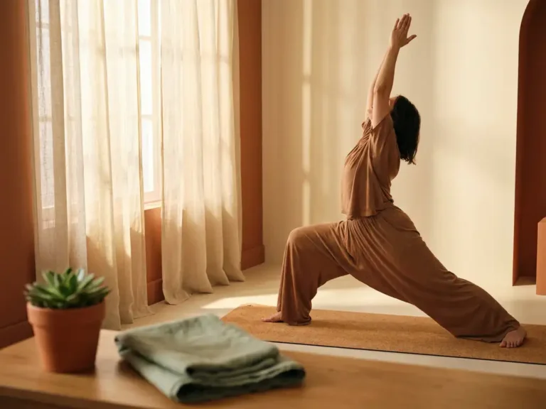 Yogi in a sun salutation pose on a cork yoga mat, bathed in warm morning light with a succulent and linen towel nearby.