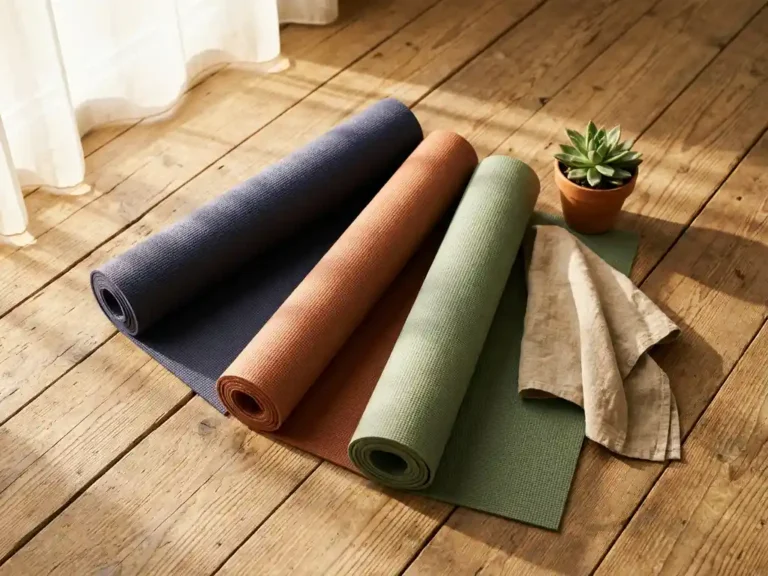 Eco-friendly yoga mats in indigo, terracotta, and sage green fanned on sunlit wood floor beside a folded linen towel and succulent.