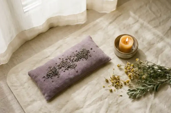 Lavender eye pillow on a linen yoga mat with a lit beeswax candle and dried chamomile sprigs in soft morning light.