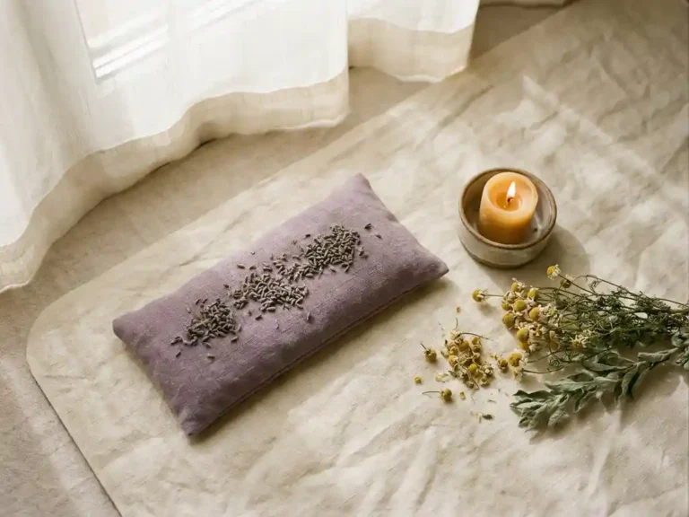 Lavender eye pillow on a linen yoga mat with a lit beeswax candle and dried chamomile sprigs in soft morning light.