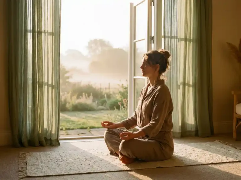 Person seated cross-legged on a linen yoga mat practicing breathwork near a sunlit window with soft morning mist and golden light.