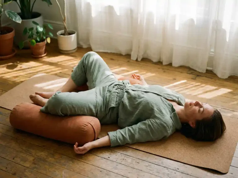 Athlete in linen clothing resting in supported butterfly pose on cork yoga mat, bolster under knees, warm afternoon light on wooden floor.