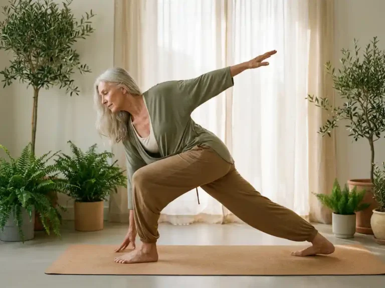 Silver-haired woman in her 60s flowing through a Vinyasa yoga pose on a cork mat, bathed in soft morning light with green plants nearby.