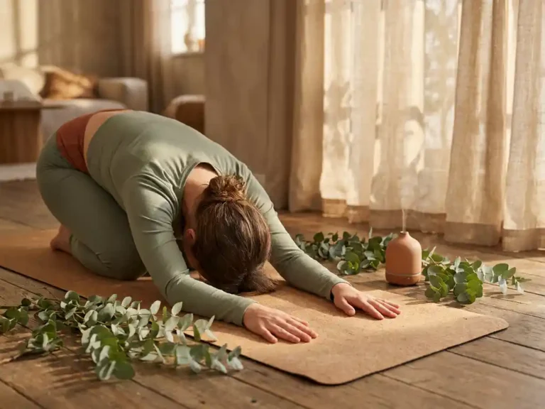 Woman resting in child's pose on a natural cork yoga mat beside eucalyptus branches and a ceramic diffuser in warm afternoon light.
