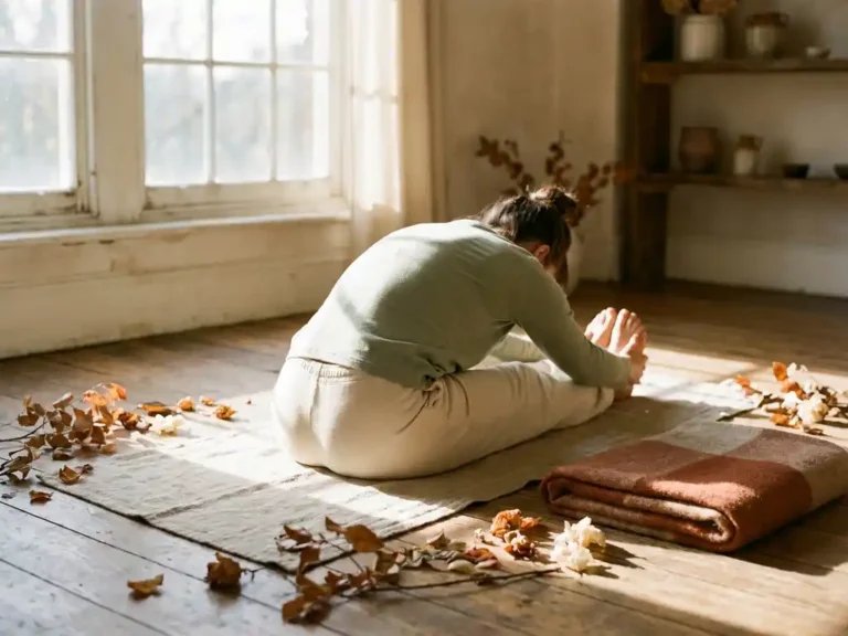 Person in deep forward fold on linen yoga mat beside a sunlit studio window, surrounded by dried botanicals and a wool blanket on warm wooden floors.