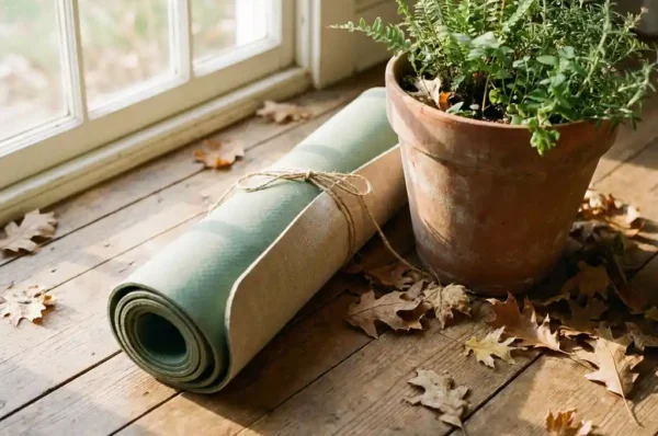 Worn rolled-up yoga mat tied with jute twine beside a terracotta plant pot on a sunlit wooden floor with scattered dried leaves.