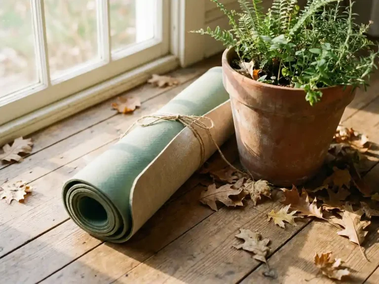 Worn rolled-up yoga mat tied with jute twine beside a terracotta plant pot on a sunlit wooden floor with scattered dried leaves.