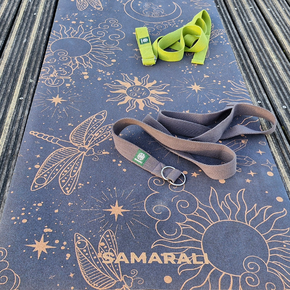 yoga straps green and grey on the cork yoga mat Cosmic Harmony Cork Yoga Mat cork yoga mat